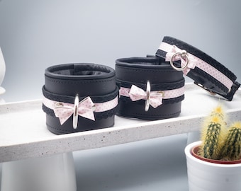 BDSM bondage set, ddlg, pet play, collar and cuffs, "delicate" dots light rose