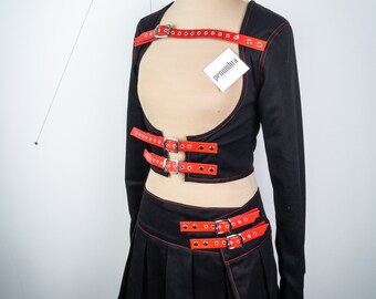 fetish outfit: open bust straightjacket & skirt - black / red