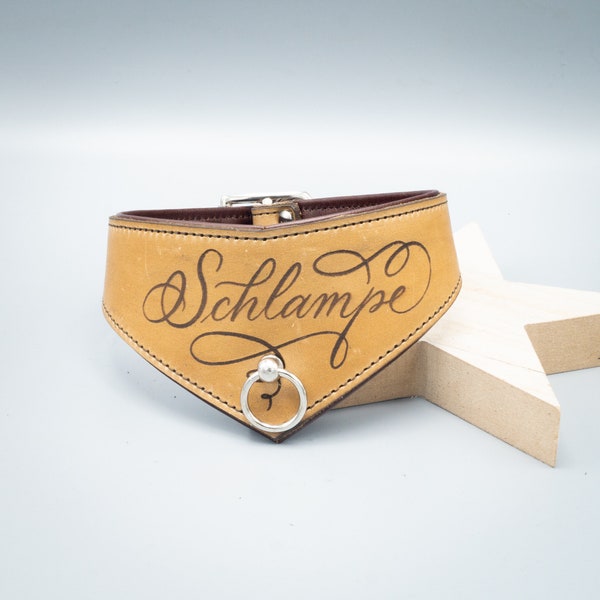 BDSM Halsband Kalligraphie "Schlampe" breit - braun antik