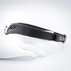 May include: Black leather collar with a red cutout design and silver hardware. The collar has two silver rings and a silver buckle.
