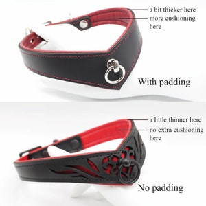 May include: Two black leather collars with red stitching. The top collar has extra padding and a silver ring. The bottom collar has a cut-out design and a black ring. "With padding" and "No padding" are written below each collar.