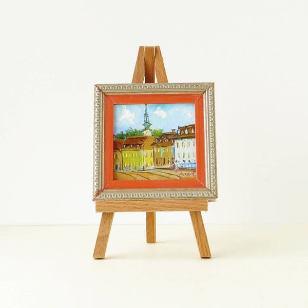 Small oil painting of Bratislava European downtown Slovakia wall art Dollhouse miniature Tiny painting of Europe framed and ready to hang