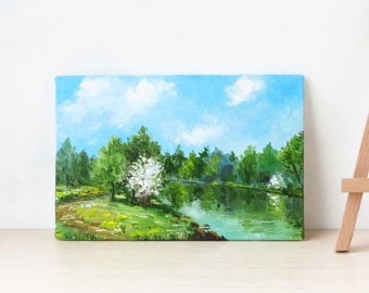 Spring landscape, Original oil painting, Small painting, Spring birthday gift, Spring art