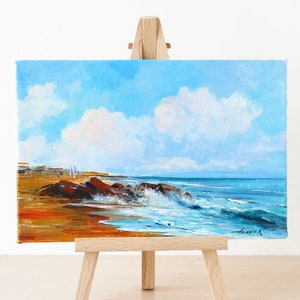 Beach painting small, Original acrylic painting, Desk decor beach, Seaside table art, Seascape mini canvas, Ocean lover gift