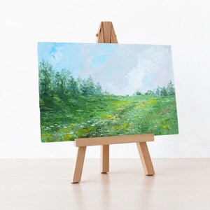 Original landscape painting, Small oil painting, Green fields miniature painting, Nature art image 2