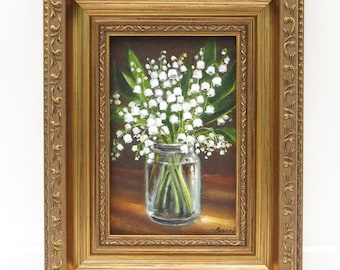 Maiglöckchen Malerei, Original kleines Gemälde, Convallaria Kunstwerk, Blumenkunst, Ölgemälde Blumen