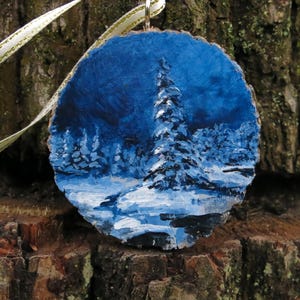 Hand painted winter forest on wood slice, Unique Christmas ornaments, Snowy landscape ornaments