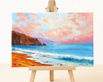 Original small painting seascape, Oil on canvas board, Sunrise artwork