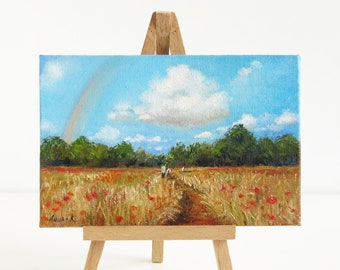 Original small landscape painting, Rainbow painting, Nature art, Small format art, Fields of flowers painting