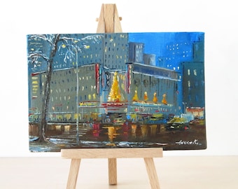 New York City art, Original oil painting, Winter city art, Downtown Manhattan, Mini painting with easel