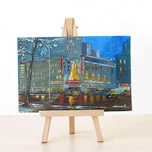 New York City art, Original oil painting, Winter city art, Downtown Manhattan, Mini painting with easel