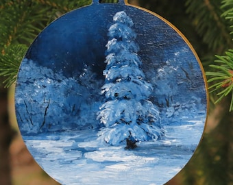 Hand painted wooden Christmas ornament, Winter forest scene on wood, Dark blue Christmas decor