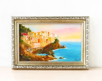 Manarola kunst, Cinque Terre schilderij, Italiaanse landschapskunst aan de muur, kustschilderij van Italië