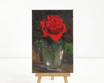 Red rose painting, Oil painting small, Original floral art, Single flower painting, Art gifts for her, Art for shelf