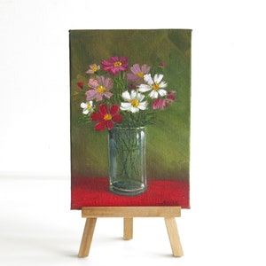 Floral art, Small oil painting flowers, Cosmos flower art, 4x6 painting, Mini canvas painting