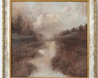 Sepia framed oil painting, Foggy landscape, Misty forest art, Muted painting