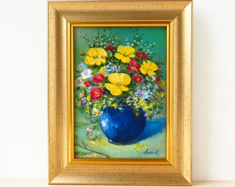 Petit art encadré, peinture de fleurs sauvages sur toile, art mural de fleurs colorées, peinture au couteau