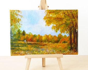 Small landscape painting, Original art, Ukraine painting, Autumn forest, Acrylic painting with easel