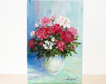 Peony flower art, Small painting, Oil painting, Still life flowers, Gift for her