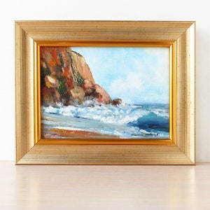 Coastal rocky beach painting, Framed ocean wall art, Stormy seas art, Ocean landscape, Small acrylic painting 5x7 inches image 1