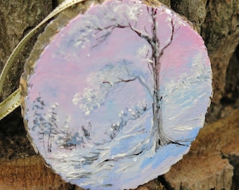 Hand-Painted Winter Forest Wood Slice Christmas Ornament