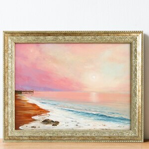 Original framed ocean sunrise oil painting, Tranquil canvas art, Stretched canvas sea painting, Wall art for bedroom, Housewarming gift