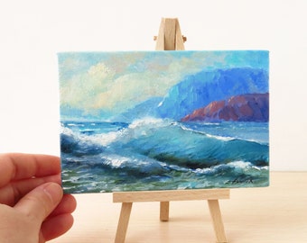 Small oil painting, Ocean wave art, Original painting, Stormy ocean art, Sea lover gift, Tiny painting on easel