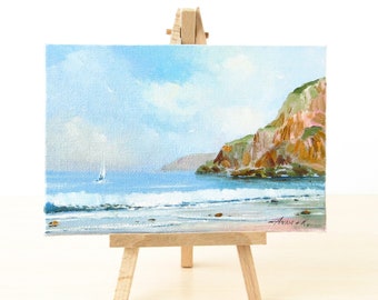 Original small ocean painting, Oil painting ocean, Coastal art, Book shelf decor