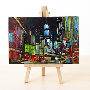 New York City art, Original small painting, New York night, NYC artwork, Downtown Manhattan, Times Square oil painting