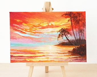 Small oil painting, Tropical sunset, Art for table, Beach decor, Seascape art, Hawaiian art