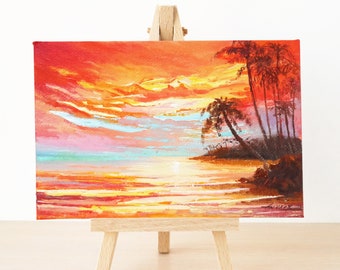 Small oil painting, Tropical sunset, Art for table, Beach decor, Seascape art, Hawaiian art