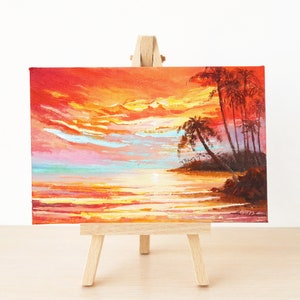 Small oil painting, Tropical sunset art, Beach decor, Seascape art, Hawaiian art