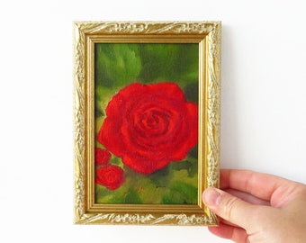 Small oil painting rose, Framed floral wall art, Red rose artwork, Single flower painting