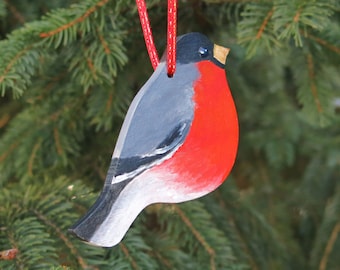 Bullfinch ornament, Bird ornament, Red wooden birds, Wildlife ornaments, Hand painted Christmas ornament