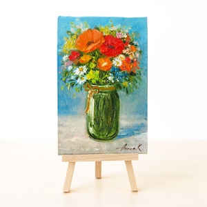 Original miniature oil painting, Mini painting with flowers, Floral artwork, Colorful wildflowers art