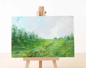 Original landscape painting, Small oil painting, Green fields miniature painting, Nature art
