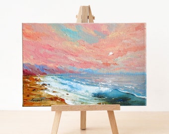 Original small painting, Nautical art, Ocean sunrise artwork, Oil painting seascape