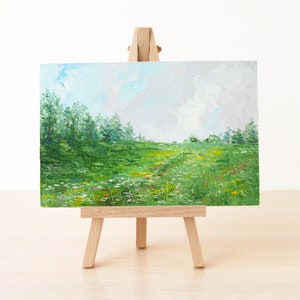 Original landscape painting, Small oil painting, Green fields miniature painting, Nature art image 1