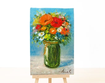 Original miniature oil painting, Mini painting with flowers, Floral artwork, Colorful wildflowers art