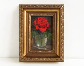 Single red rose painting, Wall art framed, Red rose wall art, Small oil painting, Original painting