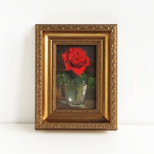 Single red rose painting, Wall art framed, Red rose wall art, Small oil painting, Original painting image 1