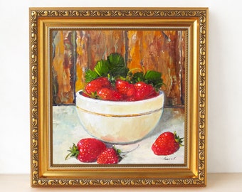 Strawberry painting,  Kitchen wall art, Framed painting strawberries, Still life oil painting, Food art