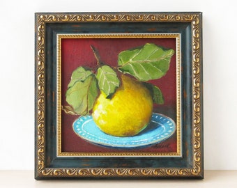 Original framed fruit painting, Apple quince art, Still life oil painting square. Kitchen wall art, Small painting in vintage style frame