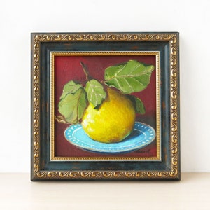 Original framed fruit painting, Apple quince art, Still life oil painting square. Kitchen wall art, Small painting in vintage style frame