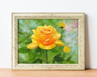 May include: A framed painting of a yellow rose with green leaves and a blurred background. The rose is in focus and the background is out of focus.