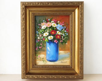 Colorful floral painting, Wall art canvas, Framed flower painting, Original oil painting, Small wall art flowers