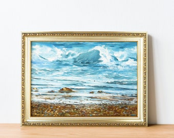 Origineel zeegezicht schilderij, blauwe muurkunst, kunst aan de kust, ingelijste golfkunst, nautische kunst