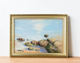 Original framed seascape painting, Nautical wall art on canvas, Beach stone art, Seascape painting, Coastal wall art, Painting of stones