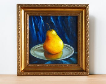 Fruitschilderij origineel, Gele perenschilderij, Ingelijste muurkunst, Stilleven olieverfschilderij vierkant, Keukenmuurkunst