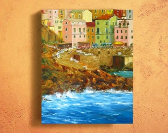 Cinque Terre painting, Manarola painting, Large Italy art, Italy gift, Italian landscape, Europe travel gift, Manarola art